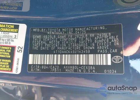 2025 Toyota Camry Xse/Xle/Le/Se from USA, damaged, VIN 4T1DAACK4SU143459